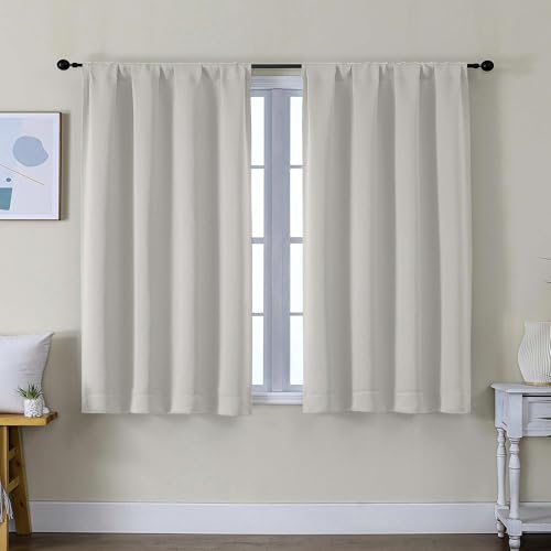 Image of Simplebrand Ava Natural Short Blackout Curtains for Bedroom 45 Inches Long 2 Panels Set, Solid Thermal Insulated, Energy Saving Window Treatment Curtains Blackout Drapes, W40 x L45 Inch, Natural