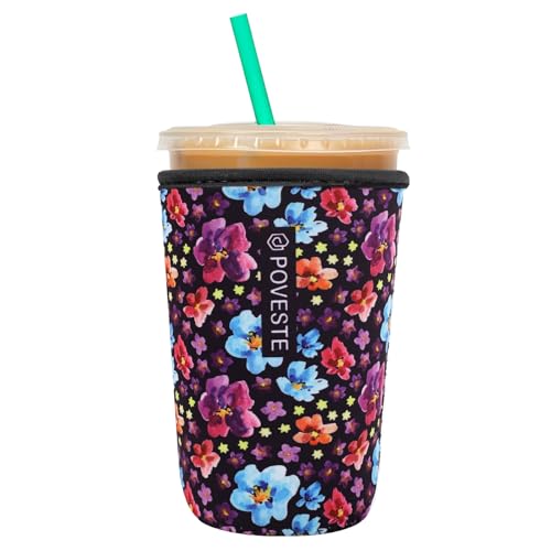 Image of Reusable Neoprene Insulator Sleeve for Iced Coffee & Cold Soda, Coffee Sleeves for Iced & Hot Drinks, Cold Beverage Cooler Compatible with Starbucks, Dunkin (Purple Garden, Medium: 22-24oz)