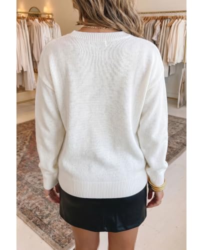Image of SELINK Women's Holiday Sweater Crew Neck Print Casual Long Sleeve Pullover | cute tops, knit graphic sweaters, sequin letters, festive outfits, comfort fit for party daily wear