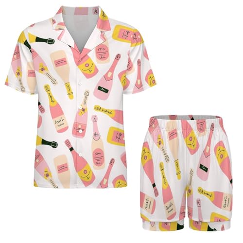 Image of Cartoon Champagne Bottle Women Pajama Set Short Sleeve Comfy Pjs Sets 2 Piece Lounge Set
