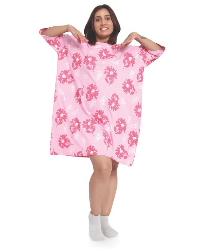 Image of LAMA STORE Women's Printed Oversized T-Shirt Dress, Cotton, 3 /4 Sleeve Length, Casual Loose Fit, Comfort Wear Extra Comfy Oversized Printed Pocket T-Shirt Dress