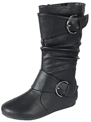 Image of Forever Link Women's Klein-70 Closed Round Toe Buckle Slouch Flat Heel Mid-Calf Boot