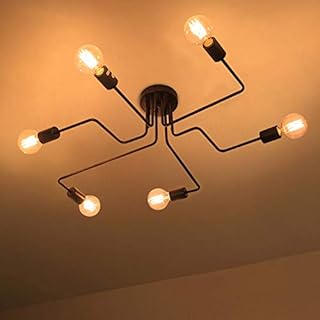 Lightess Vintage Industrial Spider Lights Ceiling 6 - Retro Metal Black Spider Lighting Multiple Bulb 6 E27 Sockets Decorative Indoor Lighting Fixture Fittings for Living Dining Room Bar Cafe