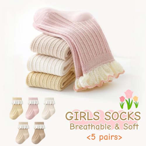 5 Pairs Baby Toddler Girls Princess Frilly Socks, Summer Ruffle Soft Cotton Thin Mesh Socks for Dress, 0~5T2