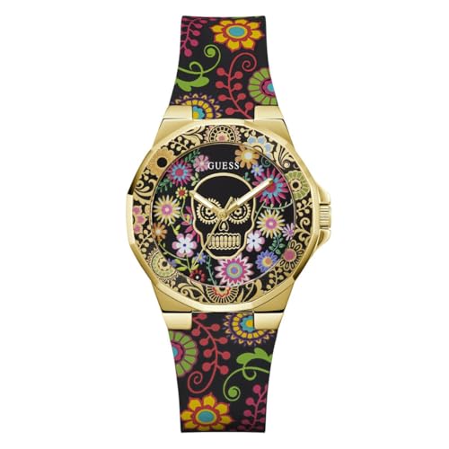 GUESS Montre analogique Florale et crâne, Noir, Jour des Morts