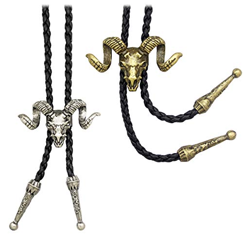 Vintage Gold and Silver RechicGu Western Big Horn Sheep RAM Goat Skull Leather Rodeo Bolo Bola Tie Necktie