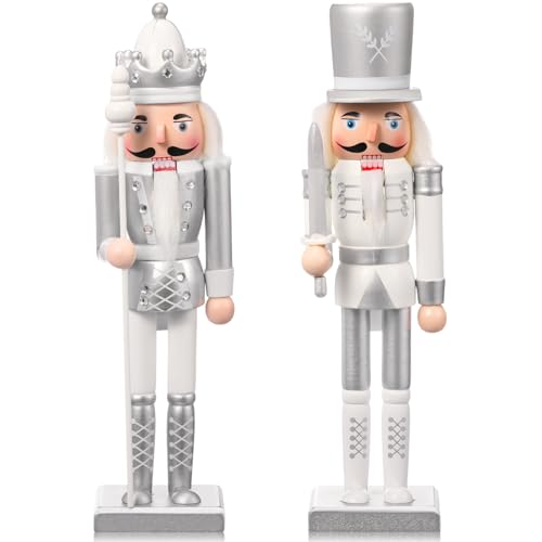Huwena 2 Pcs Christmas Nutcracker Ornaments Wooden Nutcracker Soldier Figure Decor 12 Inch Holiday Festive Figures for Xmas Party Shelves Table Decoration(Silver)