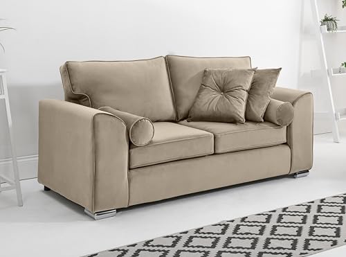 Sofahub Dylan Cream Plush Velvet Sofa – Fullback Design with Foam Seat Cushions & Chrome Feet – 2 Seater, 3 Seater, 3+2 Set & Corner Sofa Options for Modern Living Rooms (Cream, 3 Seater)