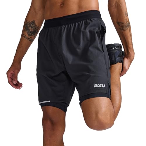 2XU Men's Aero 2-in-1 7 Inch Shorts - Powerful Muscle Support and Compression - Black/Silver Reflective