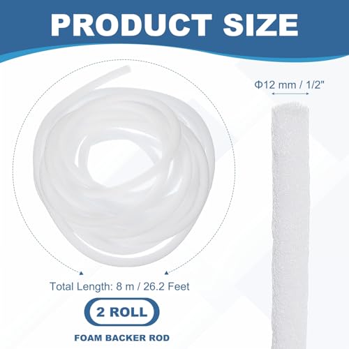 Image of PATIKIL 1 /2 Inch x 26 Feet Backer Rod for Gaps and Joints, 2 Roll Foam Rope Caulk Crack Joint Filler Roll Seal Weather Strip for Home Construction Car, White
