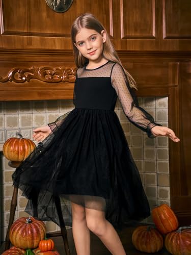 Haloumoning Girls Dresses Kids Contrast Mesh Long Sleeve Twirly High Low Birthday Party Formal Dress 5-14 Years3