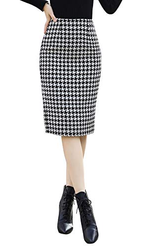 CHARTOU Women's Winter High Waist Houndstooth Packaged Hip Wool Knee-Length Skirt (Large, Plaid)