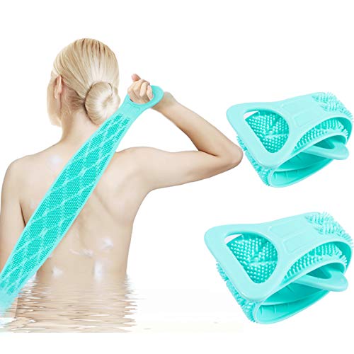 2pcs Silicone Body Scrubber Bath Shower Towel- 27inch Large+ 23inch Small Silicone Dual Sided Back Scrubber Exfoliating Long Back Cleaning Shower Strap for Men Women Shower (Blue)
