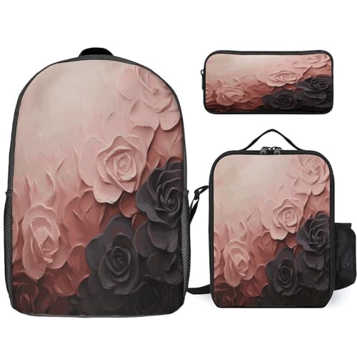 Printed Backpack With Lunch Pack Storage Box Case Rose Color Blush And Black 3pcs Lightweight Travel Backpack
