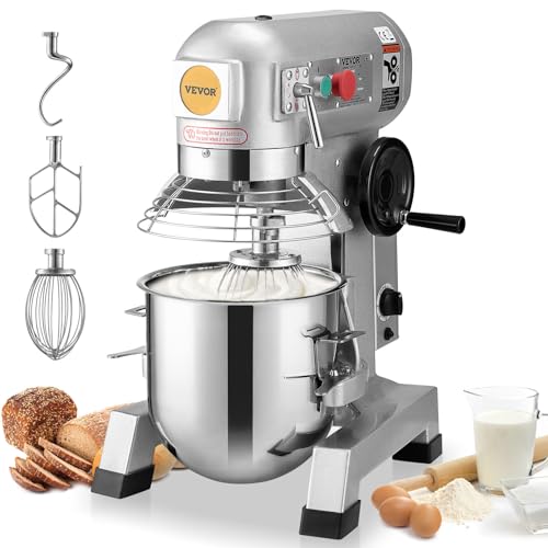 Comparison: Best Commercial Mixer For Bread Dough 2 VEVOR Commercial Food Mixer, 15Qt Capacity with Timer, 500W Stainless Bowl Durable Electric Mixer for Commercial Use, 3 Speed Options 113/184/341 RPM, Includes Dough Hook & Whisk