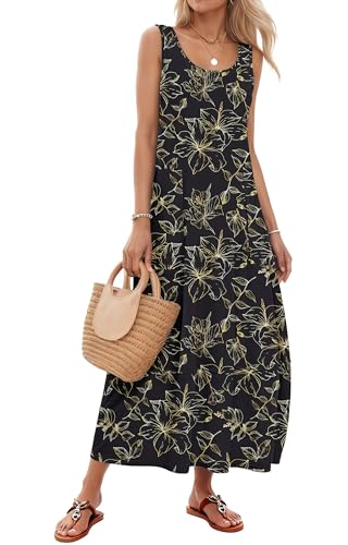 MOLERANI Robe Longue Femme sans Manches de Plage Robes Maxi à Col en U avec Poches Été Robe Hippie Boheme Noir Feuille d'or S