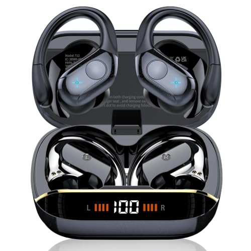 Qecnato Auriculares Bluetooth Deportivos 75H, Inalámbricos Bluetooth 5.4, HiFi Estéreo, HD Micrófono, Pantalla LED, IP7 Impermeable Auriculares Inalámbricos Ganchos para Correr,Negro