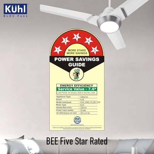 Image of KUHL Juwel J3 1200 mm 65% Power Saving BLDC Ceiling Fan | BEE 5 Star Rated & ISI Marked | High Air Flow | 5 Year Warranty on Motor | White