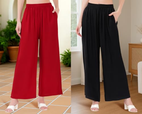 Image of Buy That Trendz Palazzo Pants for Women Rayon Elasticated Regular Fit Flared Wide Leg M to 6XL Pack of 2