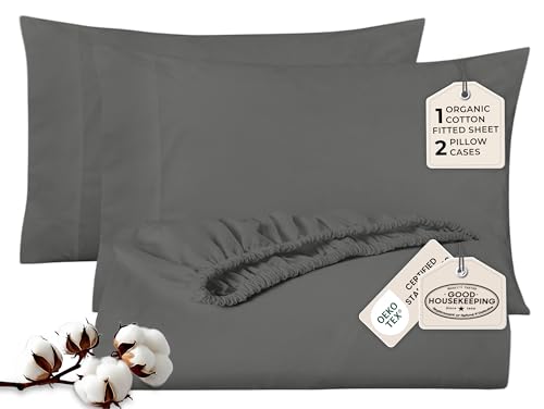 Image of ROYALE LINENS Fitted Sheet with Pillowcases - Queen Fitted Sheets with 2 Pillowcases - 300 Thread Count 100% Organic Cotton - Fits Mattress Up to 18 inch Deep - Soft & Breathable - Grey (No Flat Sheet)