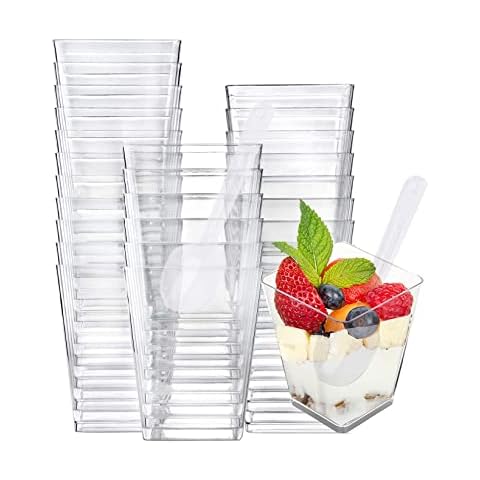Sohapy 50 Pack 5 Oz Parfait Cups with Spoons Tall Square Food Grade Clear Plastic Dessert Tumbler Cups for Tiramisu,Cakes,Ice cream,Parfait, Dip, Sundaes,and Cookies (50) Cover