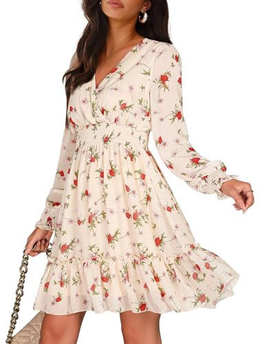 Image of Prettywear Wedding Guest Dresses for Women 2026 Spring Summer Fall Floral Chiffon Wrap Neck Flowy Mini Long Sleeve Dress