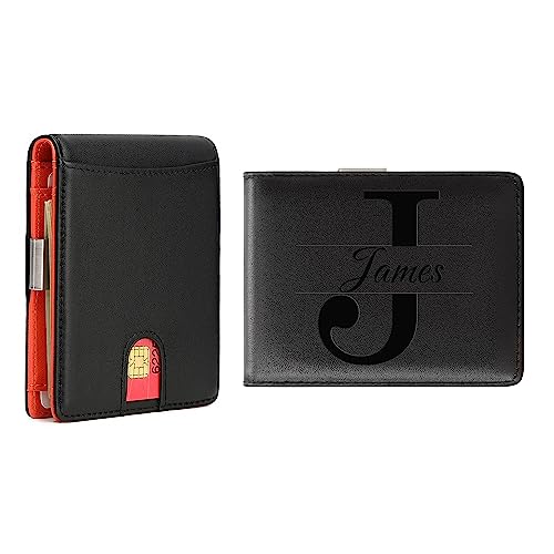Custom Slim Wallet,Personalized Engraved Name Wallets with RFID Blocking Minimalist Bifold Gifts for Men,Son,Grandpa,Boyfriend,Wedding,Graduate,Birthday(Black)