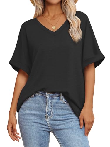 ATHMILE Womens Oversized T Shirts Loose Fit V Neck Short Sleeve Summer Casual Blouse 2025 Y2K Tee Tops - Main Image