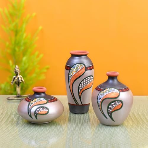 Image of Aakriti Art Creations Terracotta Vases Set of 3 | Handmade Silver Floral Art Flower Vases (6x3 /3x4.5 /4.6x3.6 Inch Dia) | Matte Finish Decorative Vases for Home Decor & Gifting