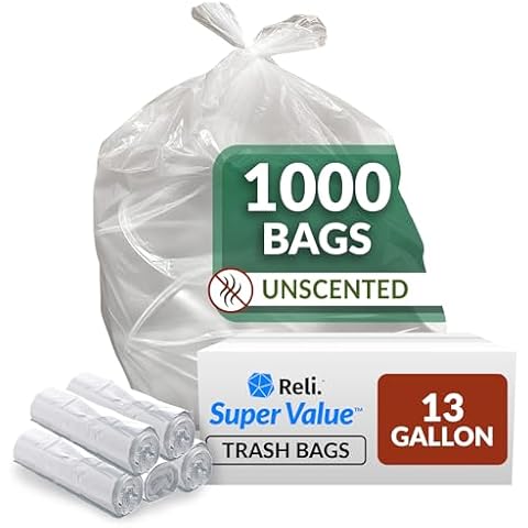Reli. SuperValue 13 Gallon Trash Bags | 1000 Count Bulk | Tall Kitchen | Can Liners | Clear Multi-Use Garbage Bags Cover