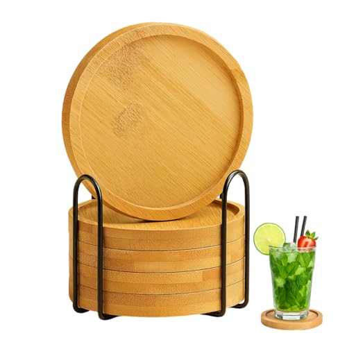 Juego de 6 Piezas Posavasos Elegantes de bambú y Madera Son Soporte de Metal, Posavasos Redondos para Bebidas como Cafe, te, Cerveza, Vino para Casa y Restaurante