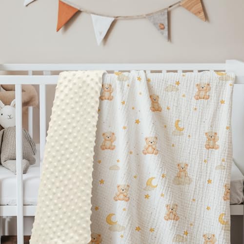 Image of SANDJEST Brown Bear Minky Muslin & Dotted Blanket 30x40 in Gift for Holiday, Gender Reveal Party, Hospital Visit, Baptism