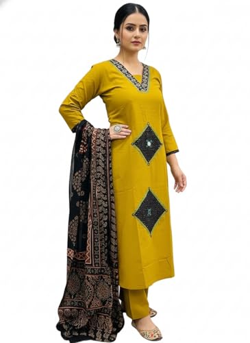 Image of BHARVITA Women's Rayon Handwork Embroidered and Printed Straight Kurta with Pant And Dupatta Sets