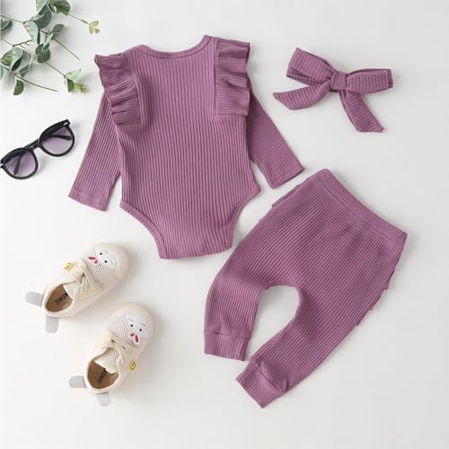 Fullfamous Baby Girl's 3pc Rib Frill Long Sleeve Romper and Pant Set3