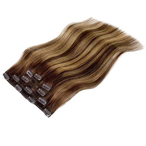 Image of Ombre Clip in Hair Extensions, 20 Inch Balayage Chocolate Brown Mixed Strawberry Blonde 70g 5pcs Real Hair Extensions Clip In Human Hair Remy