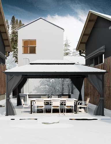 Hardtop Gazebo 12'x16' for All Weather, with Double Metal Roof, Aluminum Alloy Frame, Net, and Curtain, Permanent Building for Patio, Deck, Backyard, Lawn, and Garden, Gray