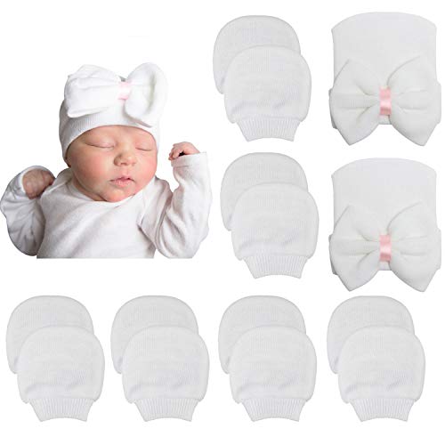 Image of DRESHOW BQUBO Newborn Hospital Hat and Mittens Infant Baby Beanie Soft Cotton Cute Knot Nursery Cap for 0-3 Months Girls Boys