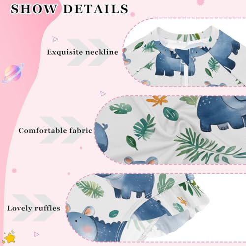 Cute Hippo Leaves Girls Long Sleeve Swimsuit Rash Guard One Piece Bathing Suits Zipper 3-12T4