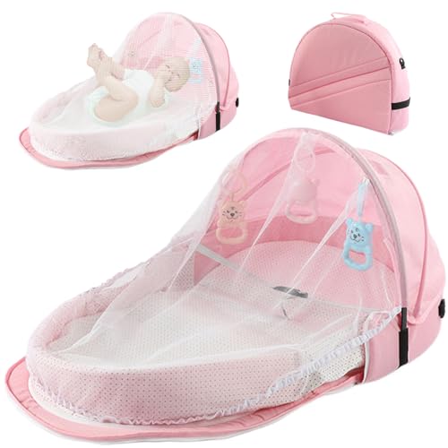 Babero portátil para bebés, Cuna Plegable compacta con Malla y Juguetes Transpirables, liviano de cunsyet de Viajes para bebés para 0-2 años