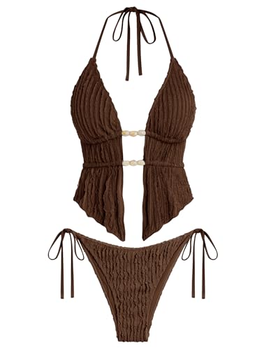 Image of ZAFUL Halter Swimsuits for Women Textured Backless 2 Piece Bathing Suits Cheeky High Cut String Tie Side Bikini Sets