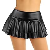 iEFiEL Damen Wetlook Rock Kurze Minirock Shiny Metallic Plisseerock Mini Skater Rock Low Rise Röcke mit 2 Lagen Tutu Party Halloween Kostüm Schwarz M