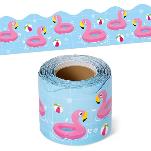 Image of BeYumi Summer Flamingo Border Trim - 65ft Back to School Pool Rolled Border | Tropical Flamingo Beach Swimming Pool Bulletin Board Set School Classroom Office Chalkboard Home Party Holiday Decoration