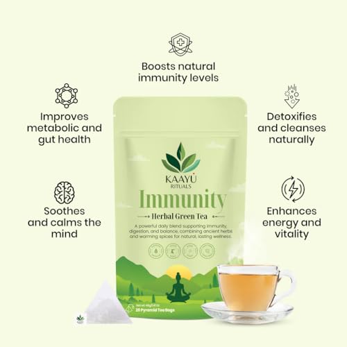 Image of Kaayu Rituals Immunity Herbal Green Tea With Ashwagandha, Tulsi & Giloy | Caffeine-Free, Antioxidant-Rich Detox Tea | Aids Digestion, Improves Metabolism & Relieves Stress | 20 Pyramid Bags(40g)