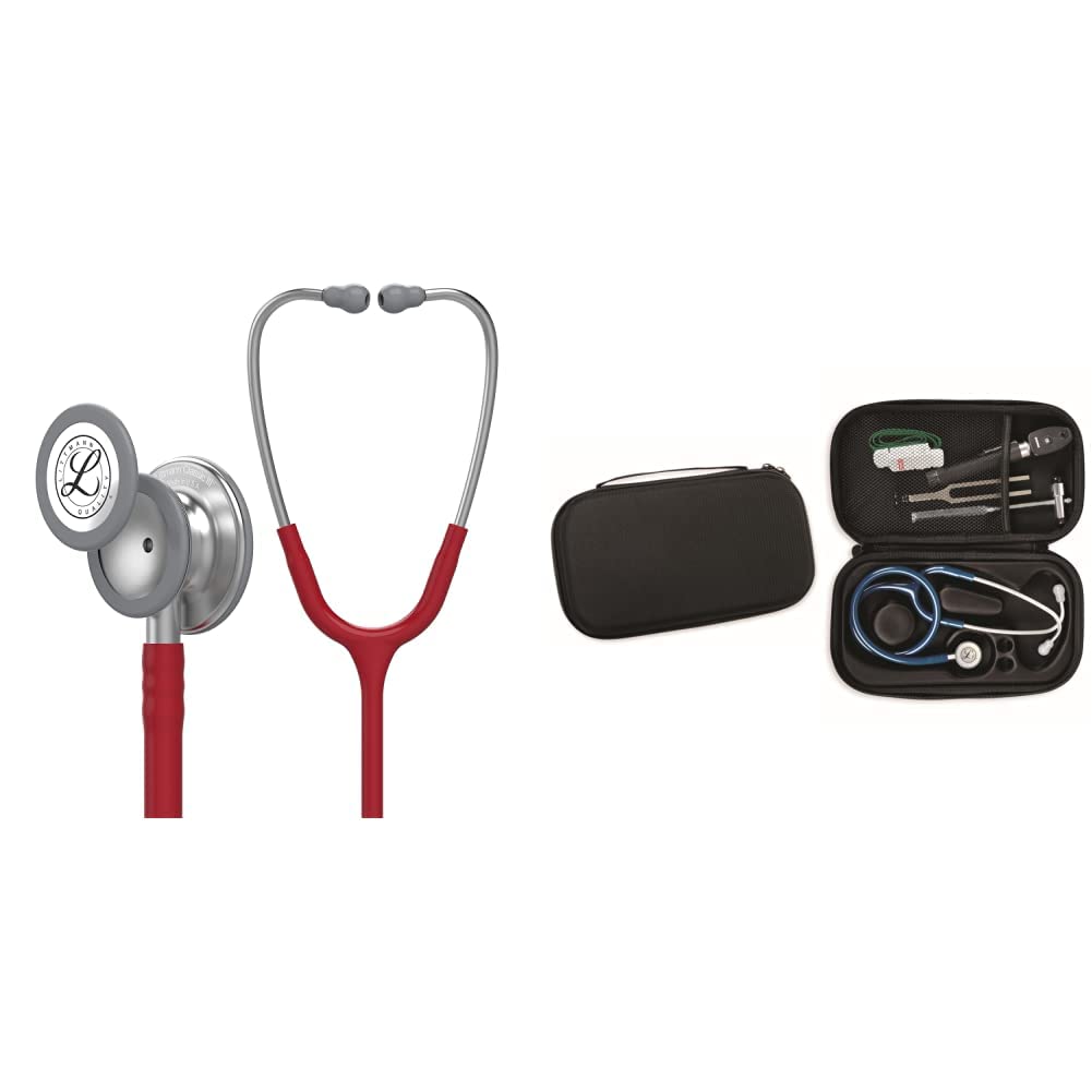 Stetoscopio per il monitoraggio 3M™ Littmann® Classic III™, tubo auricolare bordeaux & GIMA ASTUCCIO PORTA FONENDO Colore Nero. Uso Professionale. Custodia rigida protettiva