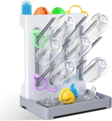 WillMall Baby Bottle Drying Rack: Vertical Space Saving Large Bottles Holder - Standing Boon Dryer Rack Baby Accessory - Countertop Holds Up to 12 Bottles & Pump Part Cleaning & Cup (Blue) (Beige)