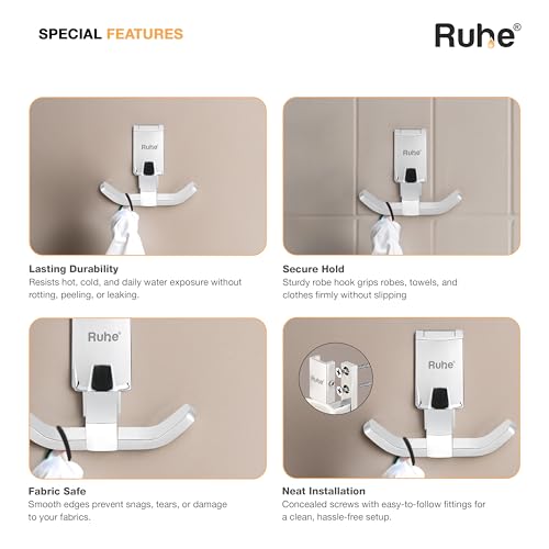 Image of Ruhe Erica Modern Robe Hook | Multipurpose Wall Mounted Hanger for Robe, Towel, and Clothes | Brass Hook with Chrome Finish for Bathroom, Kitchen and Home
