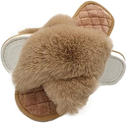 HUMIWA Coffe Women's Cross Band Slippers Soft Open Toe Furry Cozy Fur House Slippers Memory Foam Sandals Slides Soft Anti-Slip on Home Slippers for Girls Men Indoor Outdoor