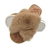 HUMIWA Coffe Women's Cross Band Slippers Soft Open Toe Furry Cozy Fur House Slippers Memory Foam San
