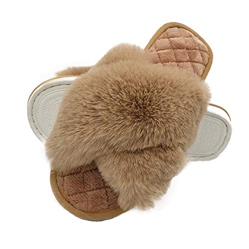 Humiwa Coffe Women's Cross Band Slippers Soft Open Toe Furry Cozy Fur House Slippers Memory Foam Sandals Slides Soft Anti-Slip On Home Slippers For Girls Men Indoor Outdoor #TOP21