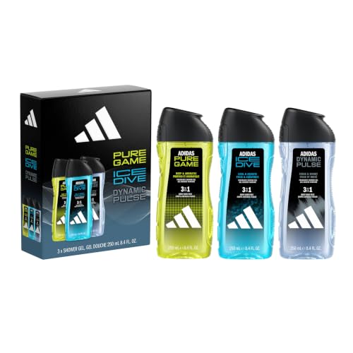 Image of adidas Giftset a Pure Game, Ice Dive and Dynamic Pulse Shower Gel (3x 250ml, 8.4fl oz.), for Him, Notes of Rosemary, Lemon, Peppermint, and Grapefruit, Men's Fragrance, Long Lasting, Sporty Fragrance